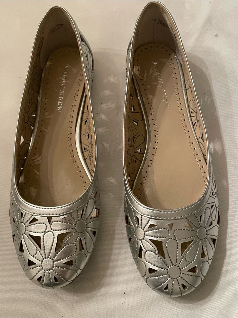 Adrienne Vittadini Metallic Silver Floral Cutout Flats